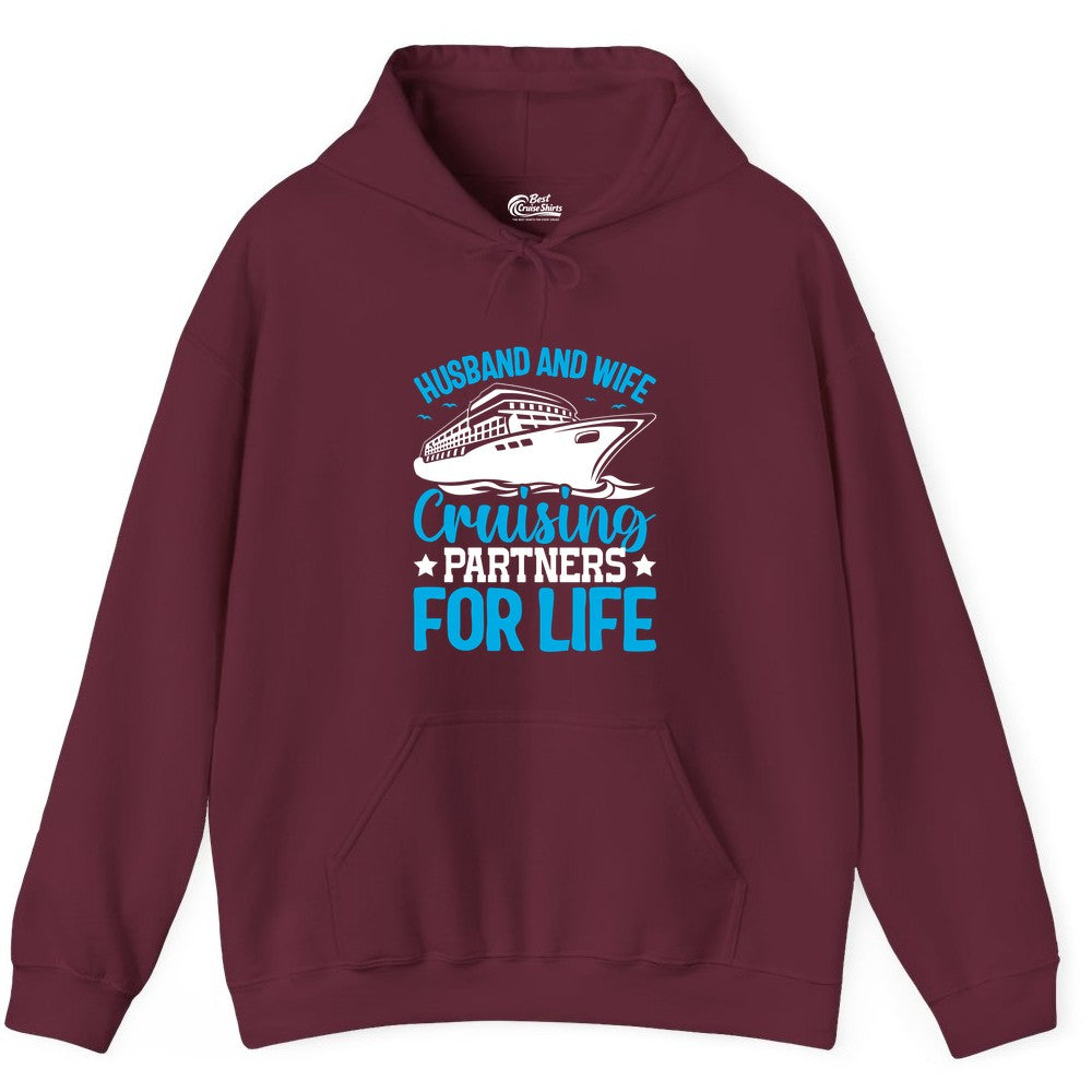 Husband and Wife Cruise Shirt - Romantic Couple Cruise Apparel (Hoodie) in Maroon - Husband and Wife Cruising Partners for Life Nautical Cruise Shirt