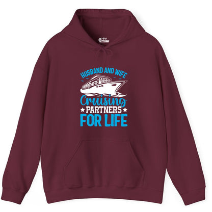 Husband and Wife Cruise Shirt - Romantic Couple Cruise Apparel (Hoodie) in Maroon - Husband and Wife Cruising Partners for Life Nautical Cruise Shirt