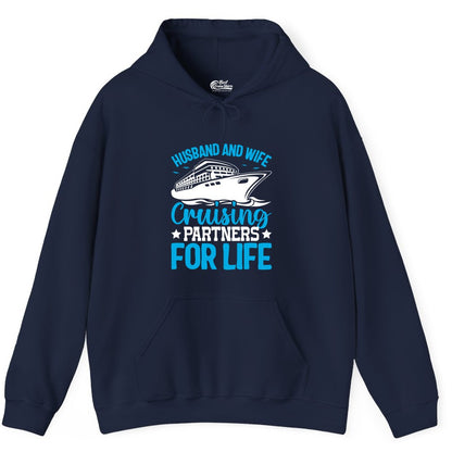 Husband and Wife Cruise Shirt - Romantic Couple Cruise Apparel (Hoodie) in Navy - Husband and Wife Cruising Partners for Life Nautical Cruise Shirt
