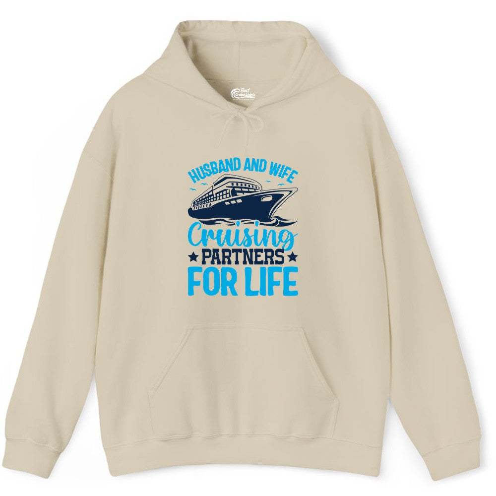 Husband and Wife Cruise Shirt - Romantic Couple Cruise Apparel (Hoodie) in Sand - Husband and Wife Cruising Partners for Life Nautical Cruise Shirt