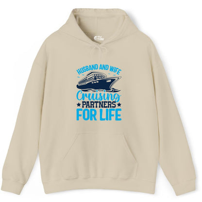 Husband and Wife Cruise Shirt - Romantic Couple Cruise Apparel (Hoodie) in Sand - Husband and Wife Cruising Partners for Life Nautical Cruise Shirt
