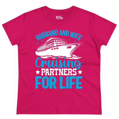 Husband and Wife Cruise Shirt - Romantic Couple Cruise Apparel (Ladies Tee) in Heliconia - Husband and Wife Cruising Partners for Life Nautical Cruise Shirt