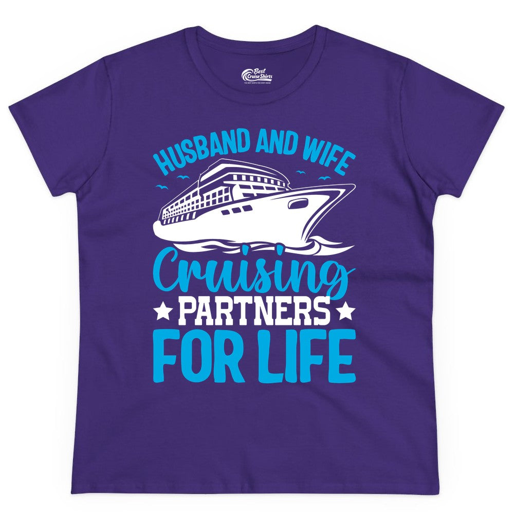 Husband and Wife Cruise Shirt - Romantic Couple Cruise Apparel (Ladies Tee) in Purple - Husband and Wife Cruising Partners for Life Nautical Cruise Shirt