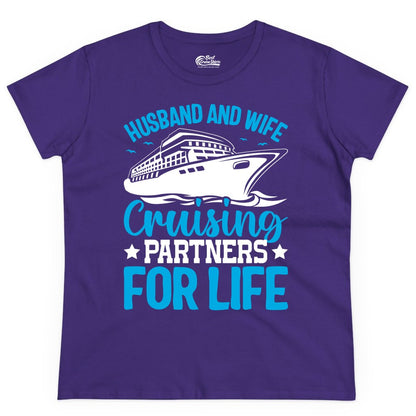 Husband and Wife Cruise Shirt - Romantic Couple Cruise Apparel (Ladies Tee) in Purple - Husband and Wife Cruising Partners for Life Nautical Cruise Shirt