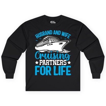 Husband and Wife Cruise Shirt - Romantic Couple Cruise Apparel (Long Sleeve) in Black - Husband and Wife Cruising Partners for Life Nautical Cruise Shirt