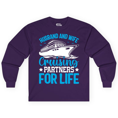 Husband and Wife Cruise Shirt - Romantic Couple Cruise Apparel (Long Sleeve) in Purple - Husband and Wife Cruising Partners for Life Nautical Cruise Shirt