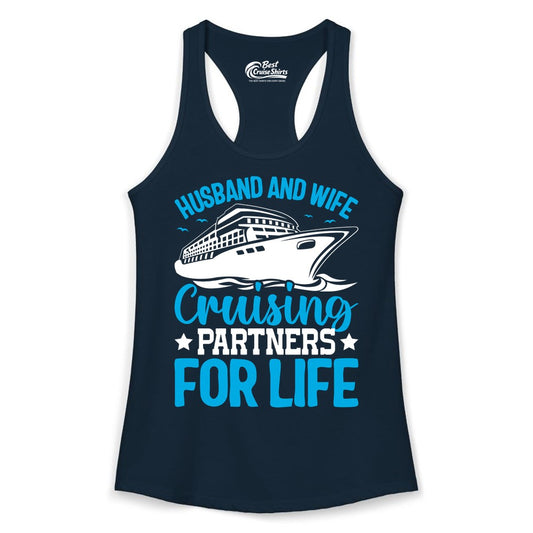 Husband and Wife Cruise Shirt - Romantic Couple Cruise Apparel (Ladies Tank) in Solid Midnight Navy - Husband and Wife Cruising Partners for Life Nautical Cruise Shirt