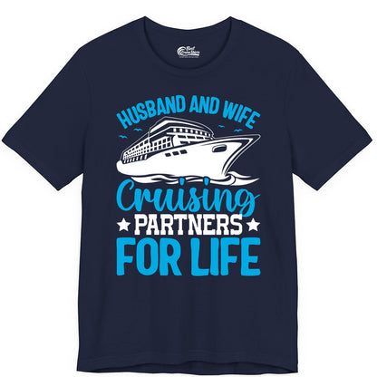 Husband and Wife Cruise Shirt - Romantic Couple Cruise Apparel (Premium Tee) in Navy - Husband and Wife Cruising Partners for Life Nautical Cruise Shirt