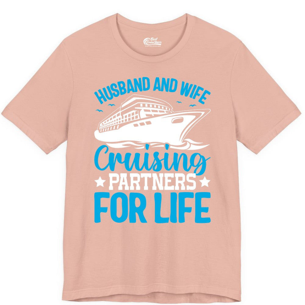 Husband and Wife Cruise Shirt - Romantic Couple Cruise Apparel (Premium Tee) in Peach - Husband and Wife Cruising Partners for Life Nautical Cruise Shirt