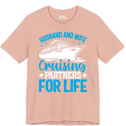 Husband and Wife Cruise Shirt - Romantic Couple Cruise Apparel (Premium Tee) in Peach - Husband and Wife Cruising Partners for Life Nautical Cruise Shirt