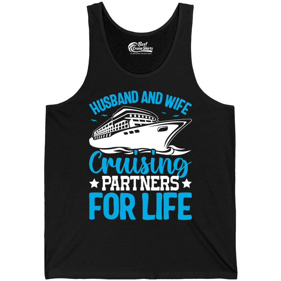 Husband and Wife Cruise Shirt - Romantic Couple Cruise Apparel (Tank Top) in Black - Husband and Wife Cruising Partners for Life Nautical Cruise Shirt