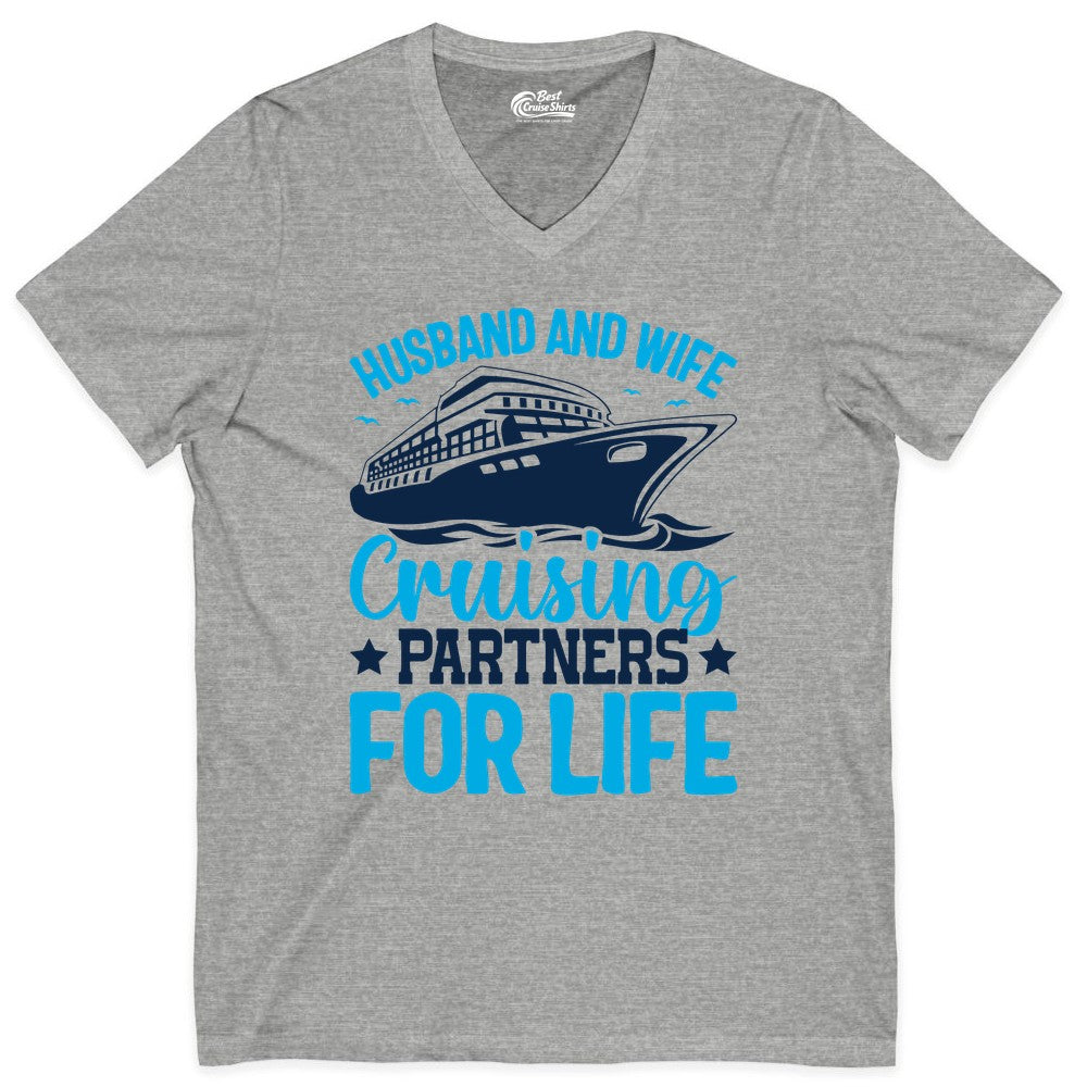 Husband and Wife Cruise Shirt - Romantic Couple Cruise Apparel (V-Neck) in Athletic Heather - Husband and Wife Cruising Partners for Life Nautical Cruise Shirt