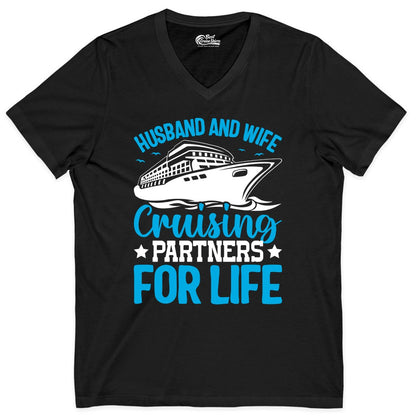 Husband and Wife Cruise Shirt - Romantic Couple Cruise Apparel (V-Neck) in Black - Husband and Wife Cruising Partners for Life Nautical Cruise Shirt