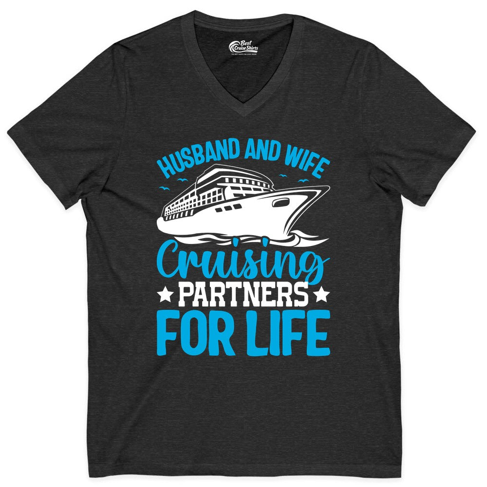 Husband and Wife Cruise Shirt - Romantic Couple Cruise Apparel (V-Neck) in Dark Grey Heather - Husband and Wife Cruising Partners for Life Nautical Cruise Shirt
