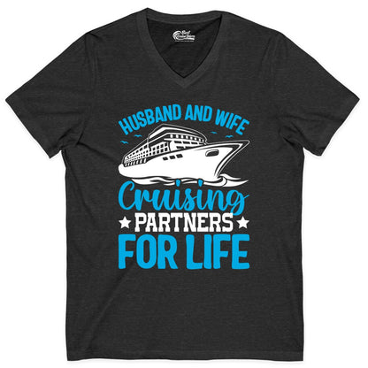 Husband and Wife Cruise Shirt - Romantic Couple Cruise Apparel (V-Neck) in Dark Grey Heather - Husband and Wife Cruising Partners for Life Nautical Cruise Shirt