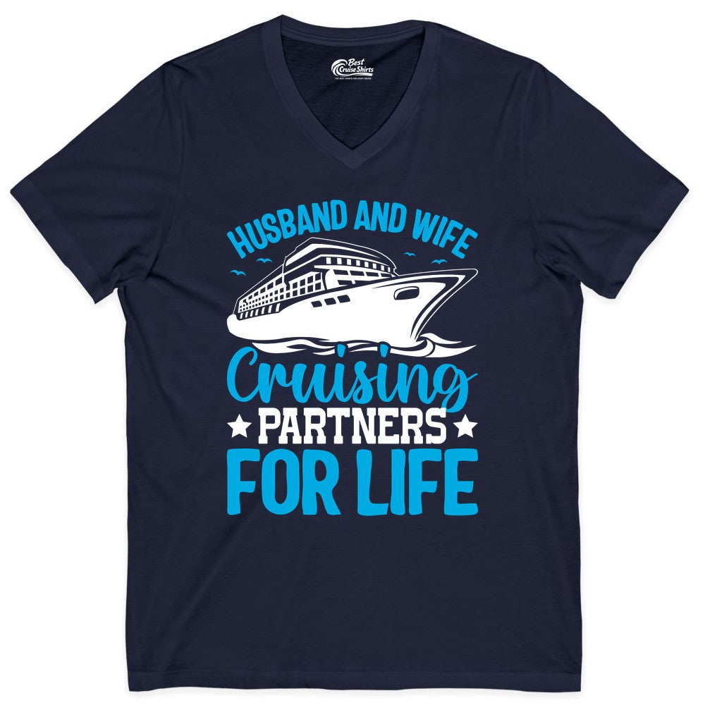 Husband and Wife Cruise Shirt - Romantic Couple Cruise Apparel (V-Neck) in Navy - Husband and Wife Cruising Partners for Life Nautical Cruise Shirt