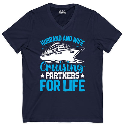 Husband and Wife Cruise Shirt - Romantic Couple Cruise Apparel (V-Neck) in Navy - Husband and Wife Cruising Partners for Life Nautical Cruise Shirt