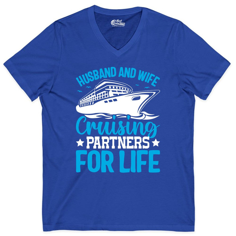 Husband and Wife Cruise Shirt - Romantic Couple Cruise Apparel (V-Neck) in True Royal - Husband and Wife Cruising Partners for Life Nautical Cruise Shirt