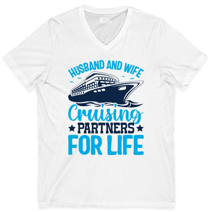 Husband and Wife Cruise Shirt - Romantic Couple Cruise Apparel (V-Neck) in White - Husband and Wife Cruising Partners for Life Nautical Cruise Shirt
