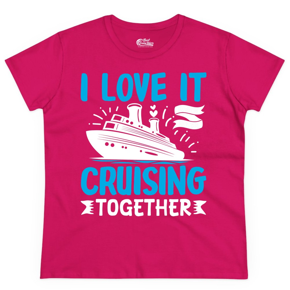 Cruising Together Shirt - Romantic Cruise Apparel for Couples (Ladies Tee) in Heliconia - Romantic Cruise Ship Playful Hearts Cruising Together Shirt Design