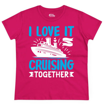 Cruising Together Shirt - Romantic Cruise Apparel for Couples (Ladies Tee) in Heliconia - Romantic Cruise Ship Playful Hearts Cruising Together Shirt Design