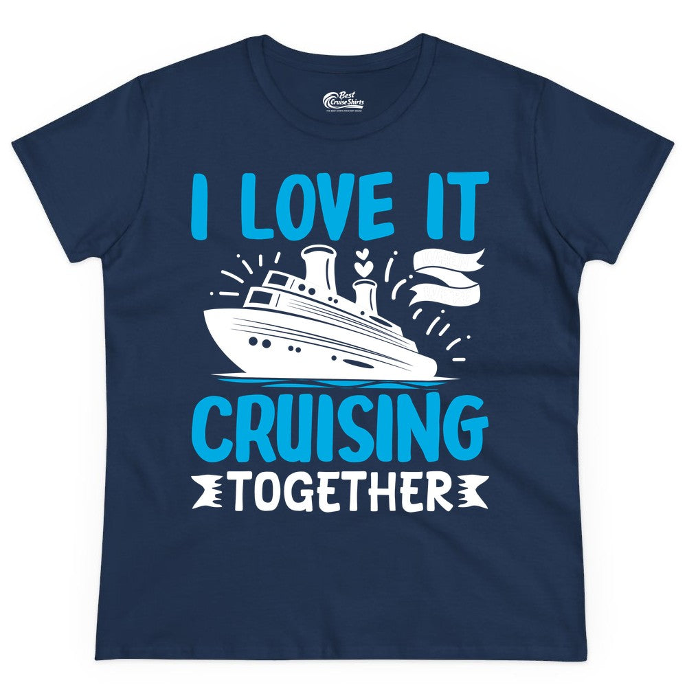 Cruising Together Shirt - Romantic Cruise Apparel for Couples (Ladies Tee) in Navy - Romantic Cruise Ship Playful Hearts Cruising Together Shirt Design