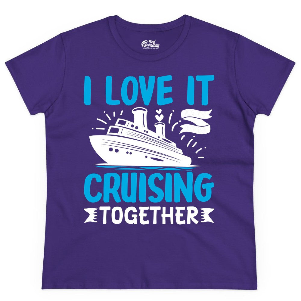 Cruising Together Shirt - Romantic Cruise Apparel for Couples (Ladies Tee) in Purple - Romantic Cruise Ship Playful Hearts Cruising Together Shirt Design