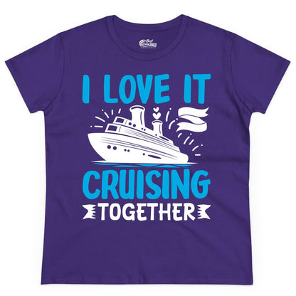 Cruising Together Shirt - Romantic Cruise Apparel for Couples (Ladies Tee) in Purple - Romantic Cruise Ship Playful Hearts Cruising Together Shirt Design