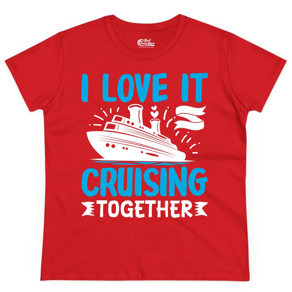 Cruising Together Shirt - Romantic Cruise Apparel for Couples (Ladies Tee) in Red - Romantic Cruise Ship Playful Hearts Cruising Together Shirt Design