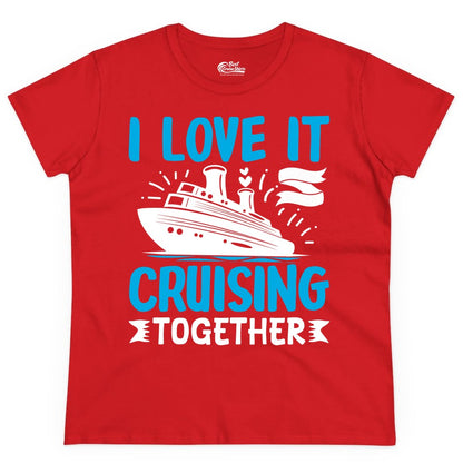 Cruising Together Shirt - Romantic Cruise Apparel for Couples (Ladies Tee) in Red - Romantic Cruise Ship Playful Hearts Cruising Together Shirt Design