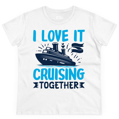 Cruising Together Shirt - Romantic Cruise Apparel for Couples (Ladies Tee) in White - Romantic Cruise Ship Playful Hearts Cruising Together Shirt Design