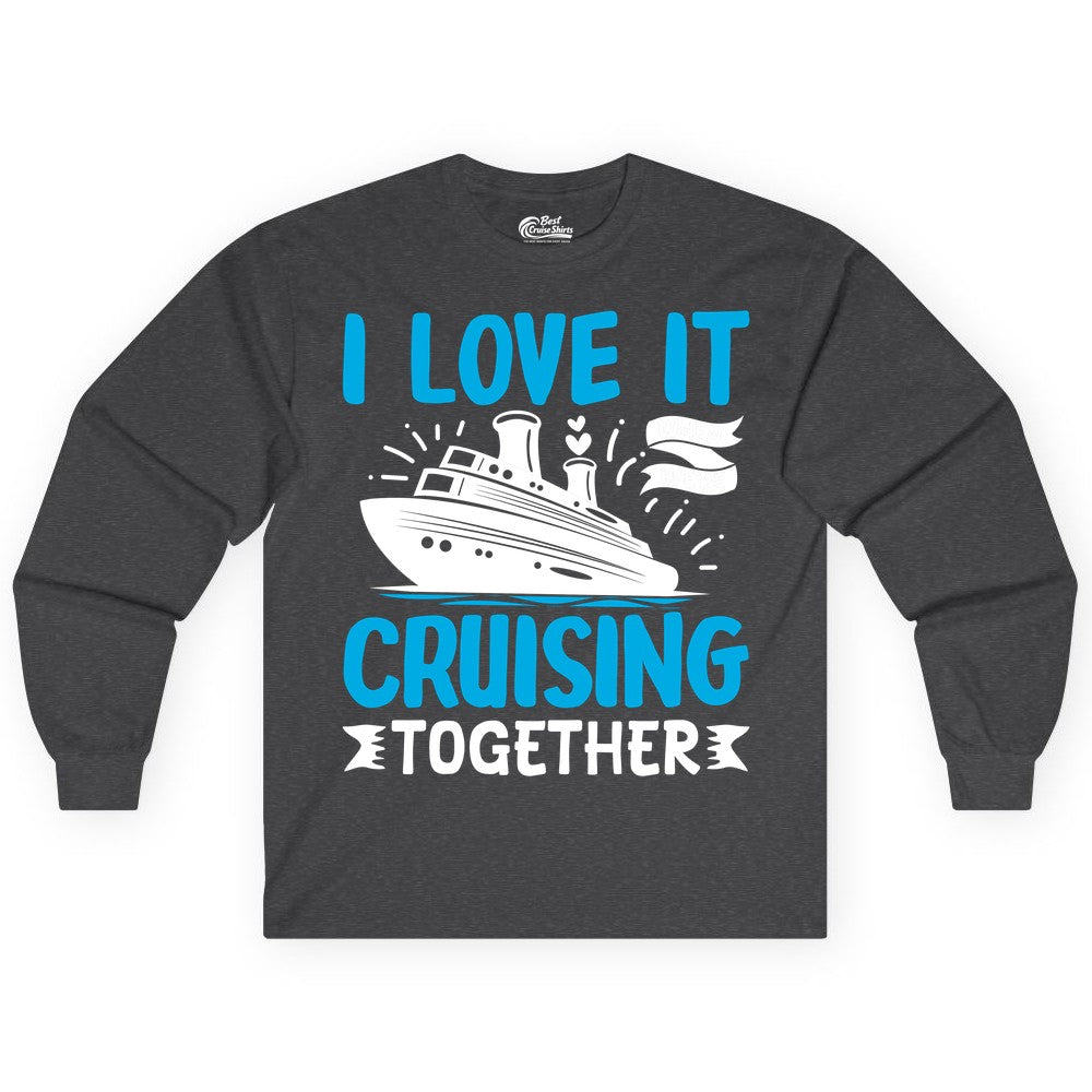 Cruising Together Shirt - Romantic Cruise Apparel for Couples (Long Sleeve) in Dark Heather - Romantic Cruise Ship Playful Hearts Cruising Together Shirt Design