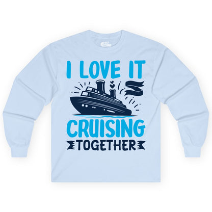 Cruising Together Shirt - Romantic Cruise Apparel for Couples (Long Sleeve) in Light Blue - Romantic Cruise Ship Playful Hearts Cruising Together Shirt Design