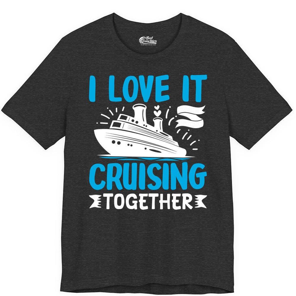 Cruising Together Shirt - Romantic Cruise Apparel for Couples (Premium Tee) in Dark Grey Heather - Romantic Cruise Ship Playful Hearts Cruising Together Shirt Design