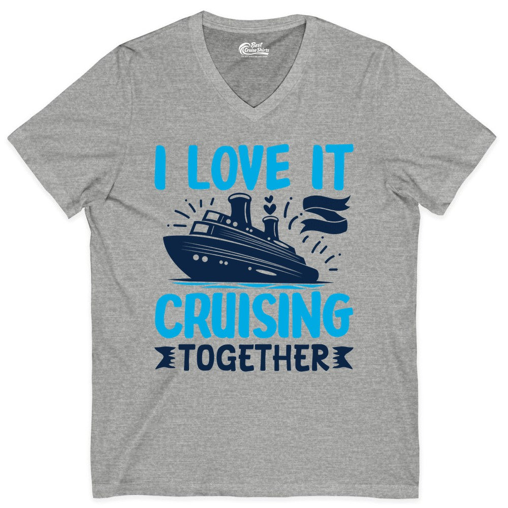 Cruising Together Shirt - Romantic Cruise Apparel for Couples (V-Neck) in Athletic Heather - Romantic Cruise Ship Playful Hearts Cruising Together Shirt Design