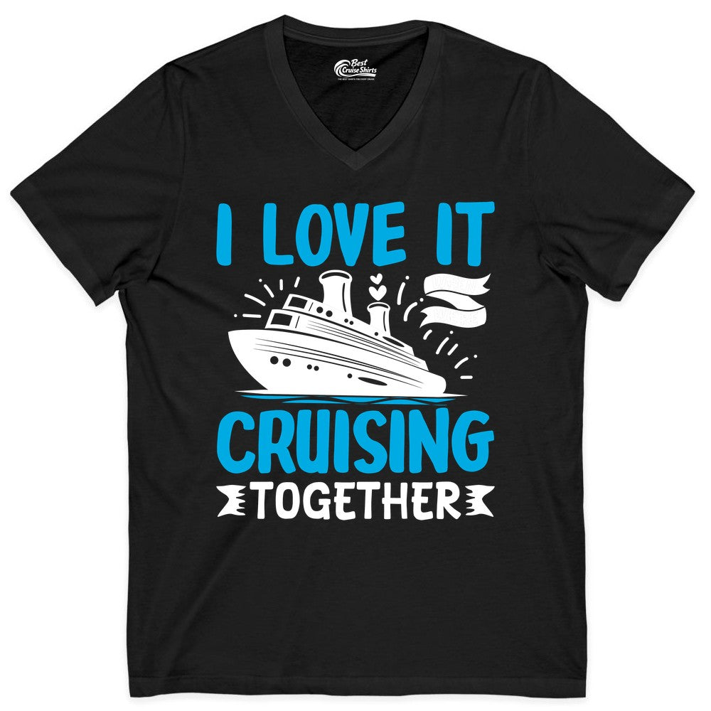 Cruising Together Shirt - Romantic Cruise Apparel for Couples (V-Neck) in Black - Romantic Cruise Ship Playful Hearts Cruising Together Shirt Design