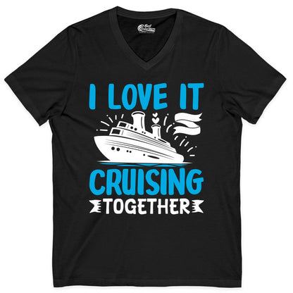 Cruising Together Shirt - Romantic Cruise Apparel for Couples (V-Neck) in Black - Romantic Cruise Ship Playful Hearts Cruising Together Shirt Design