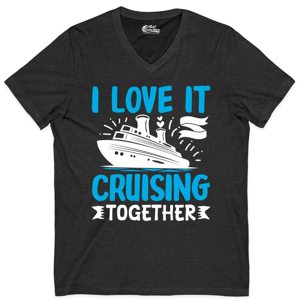 Cruising Together Shirt - Romantic Cruise Apparel for Couples (V-Neck) in Dark Grey Heather - Romantic Cruise Ship Playful Hearts Cruising Together Shirt Design