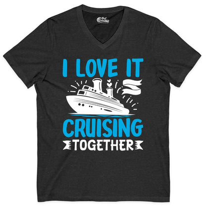 Cruising Together Shirt - Romantic Cruise Apparel for Couples (V-Neck) in Dark Grey Heather - Romantic Cruise Ship Playful Hearts Cruising Together Shirt Design