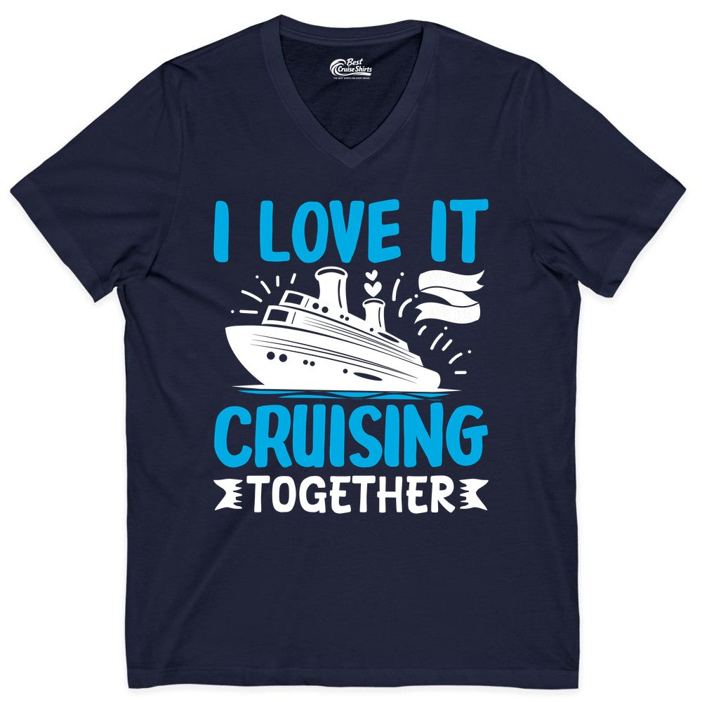 Cruising Together Shirt - Romantic Cruise Apparel for Couples (V-Neck) in Navy - Romantic Cruise Ship Playful Hearts Cruising Together Shirt Design