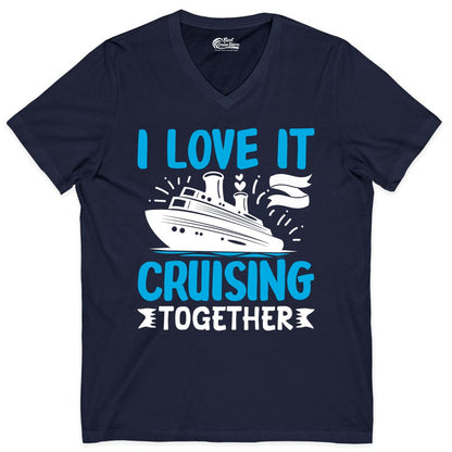 Cruising Together Shirt - Romantic Cruise Apparel for Couples (V-Neck) in Navy - Romantic Cruise Ship Playful Hearts Cruising Together Shirt Design