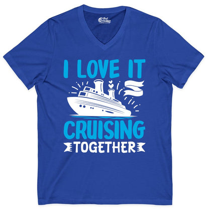Cruising Together Shirt - Romantic Cruise Apparel for Couples (V-Neck) in True Royal - Romantic Cruise Ship Playful Hearts Cruising Together Shirt Design