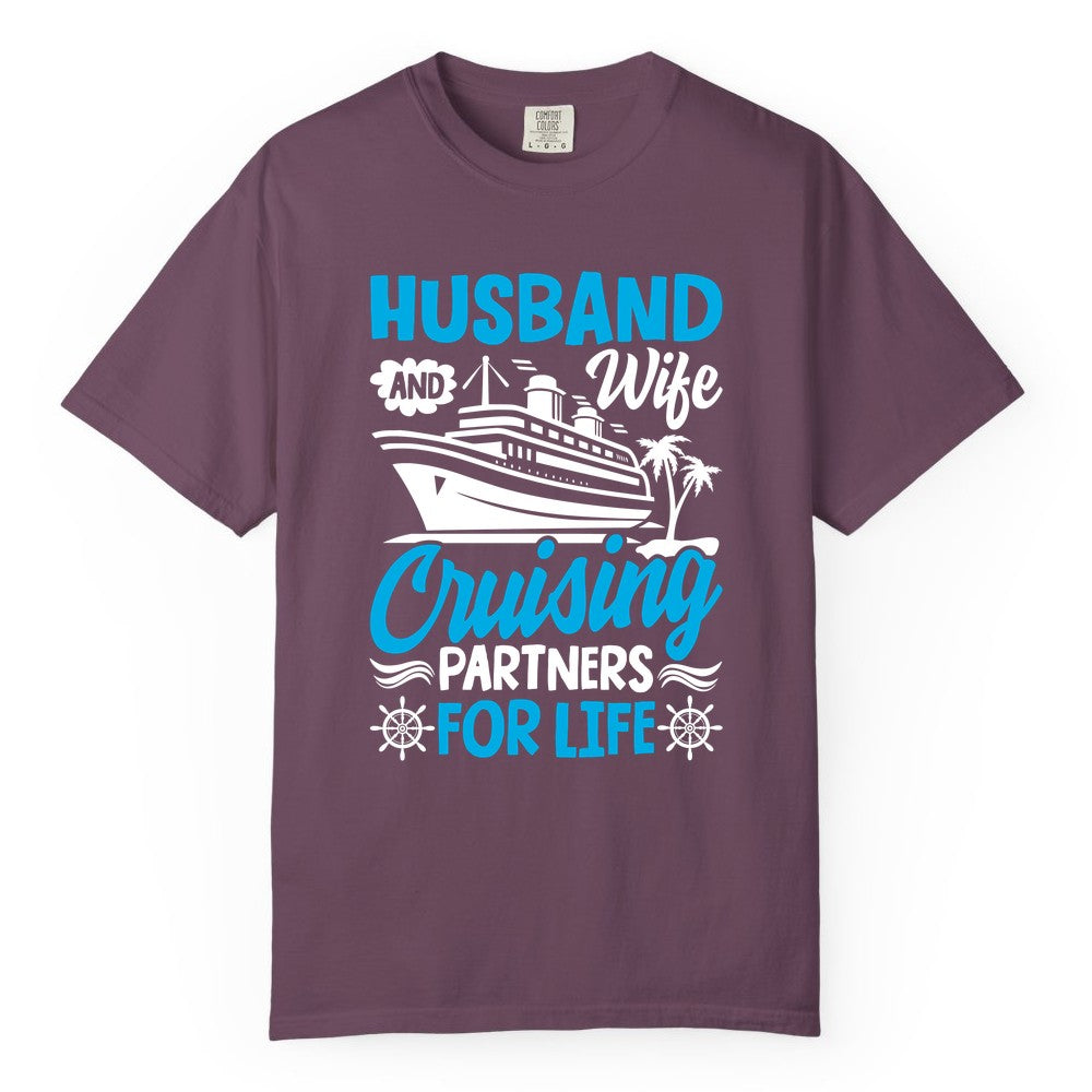 Cruise Shirts for Couples - Husband and Wife Matching Vacation Tees (Comfort Color) in Berry - Husband and Wife Cruising Partners for Life Nautical Couples Shirt