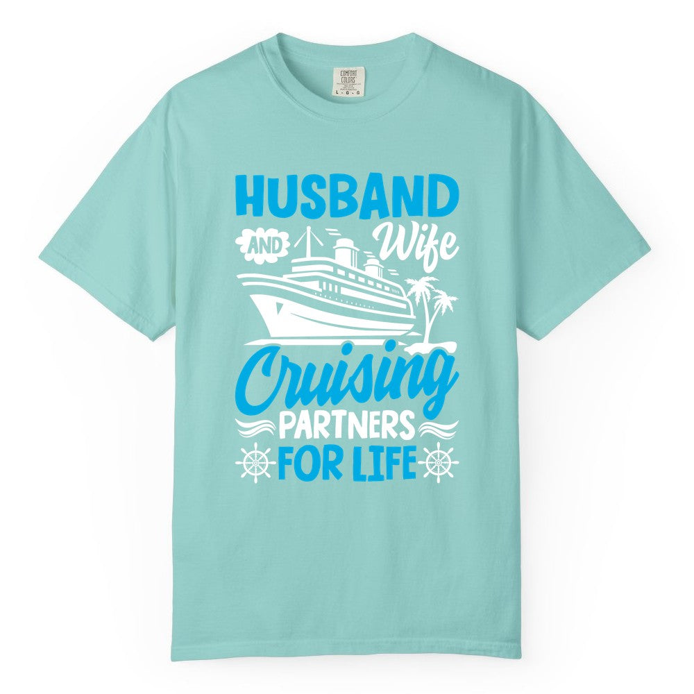 Cruise Shirts for Couples - Husband and Wife Matching Vacation Tees (Comfort Color) in Chalky Mint - Husband and Wife Cruising Partners for Life Nautical Couples Shirt