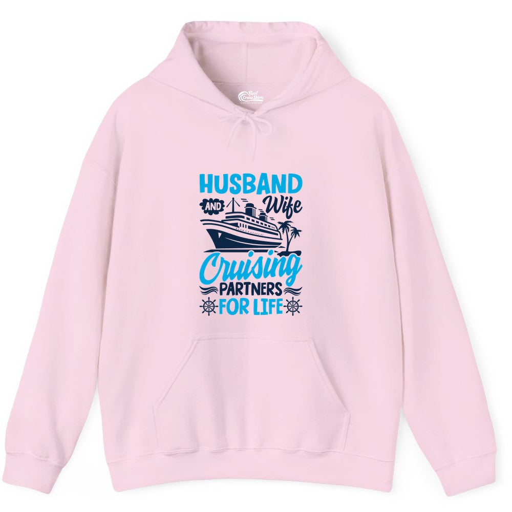 Cruise Shirts for Couples - Husband and Wife Matching Vacation Tees (Hoodie) in Light Pink - Husband and Wife Cruising Partners for Life Nautical Couples Shirt