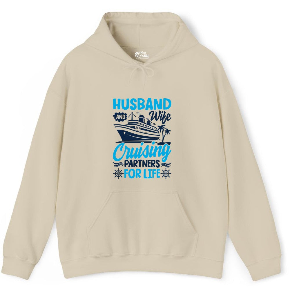 Cruise Shirts for Couples - Husband and Wife Matching Vacation Tees (Hoodie) in Sand - Husband and Wife Cruising Partners for Life Nautical Couples Shirt