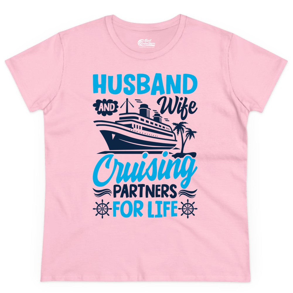 Cruise Shirts for Couples - Husband and Wife Matching Vacation Tees (Ladies Tee) in Light Pink - Husband and Wife Cruising Partners for Life Nautical Couples Shirt