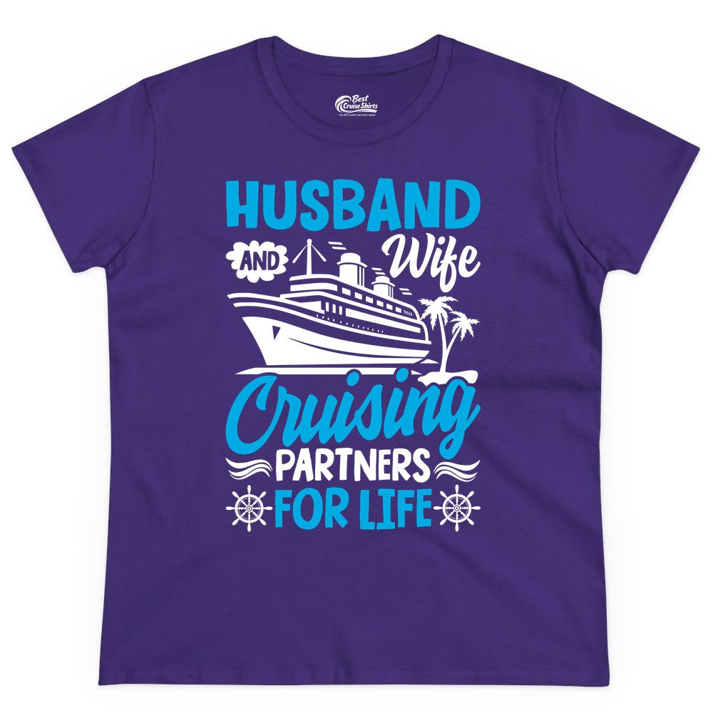 Cruise Shirts for Couples - Husband and Wife Matching Vacation Tees (Ladies Tee) in Purple - Husband and Wife Cruising Partners for Life Nautical Couples Shirt