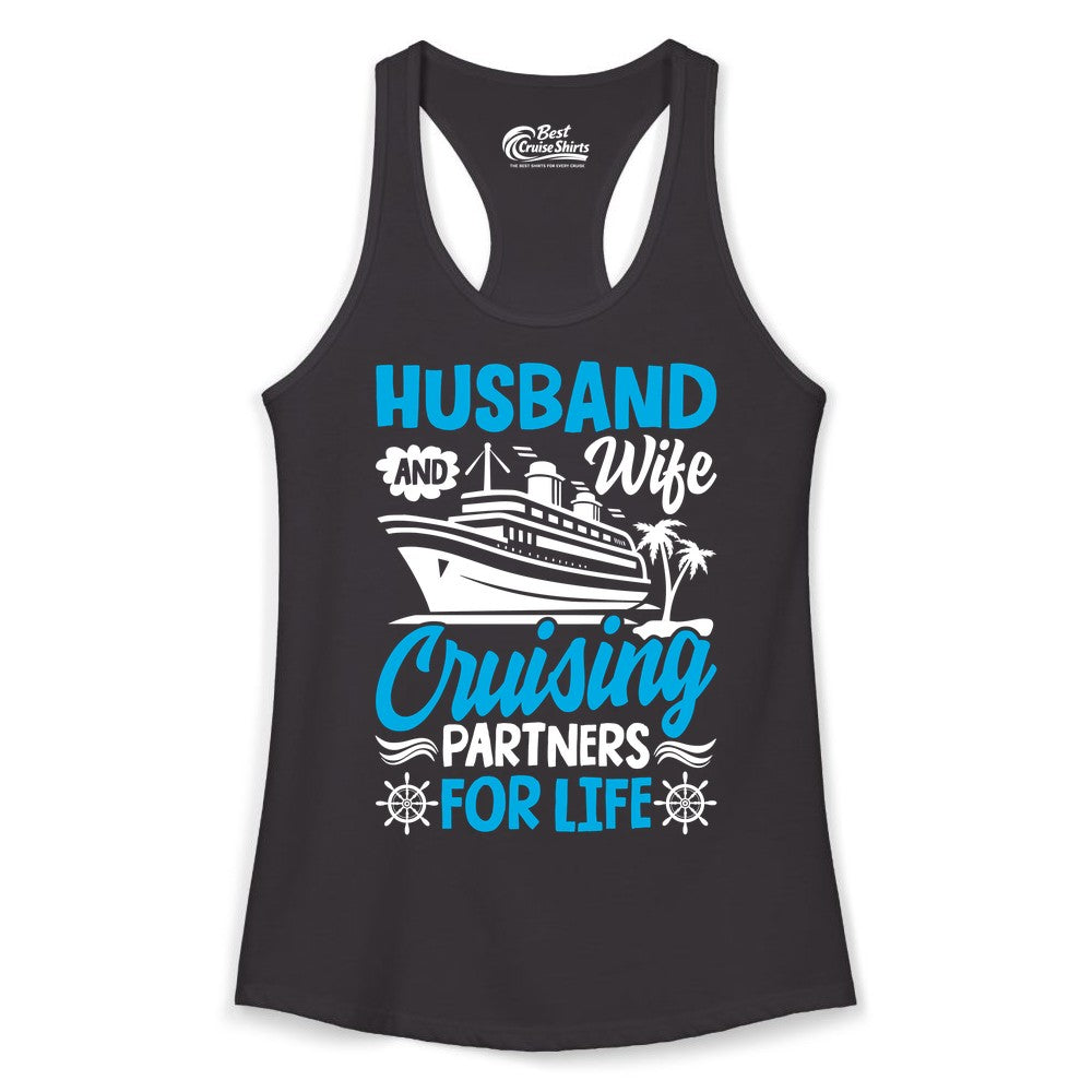 Cruise Shirts for Couples - Husband and Wife Matching Vacation Tees (Ladies Tank) in Black - Husband and Wife Cruising Partners for Life Nautical Couples Shirt