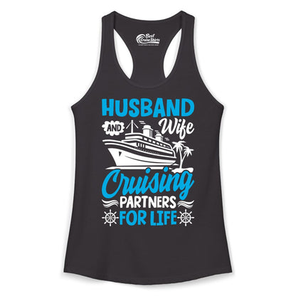 Cruise Shirts for Couples - Husband and Wife Matching Vacation Tees (Ladies Tank) in Black - Husband and Wife Cruising Partners for Life Nautical Couples Shirt